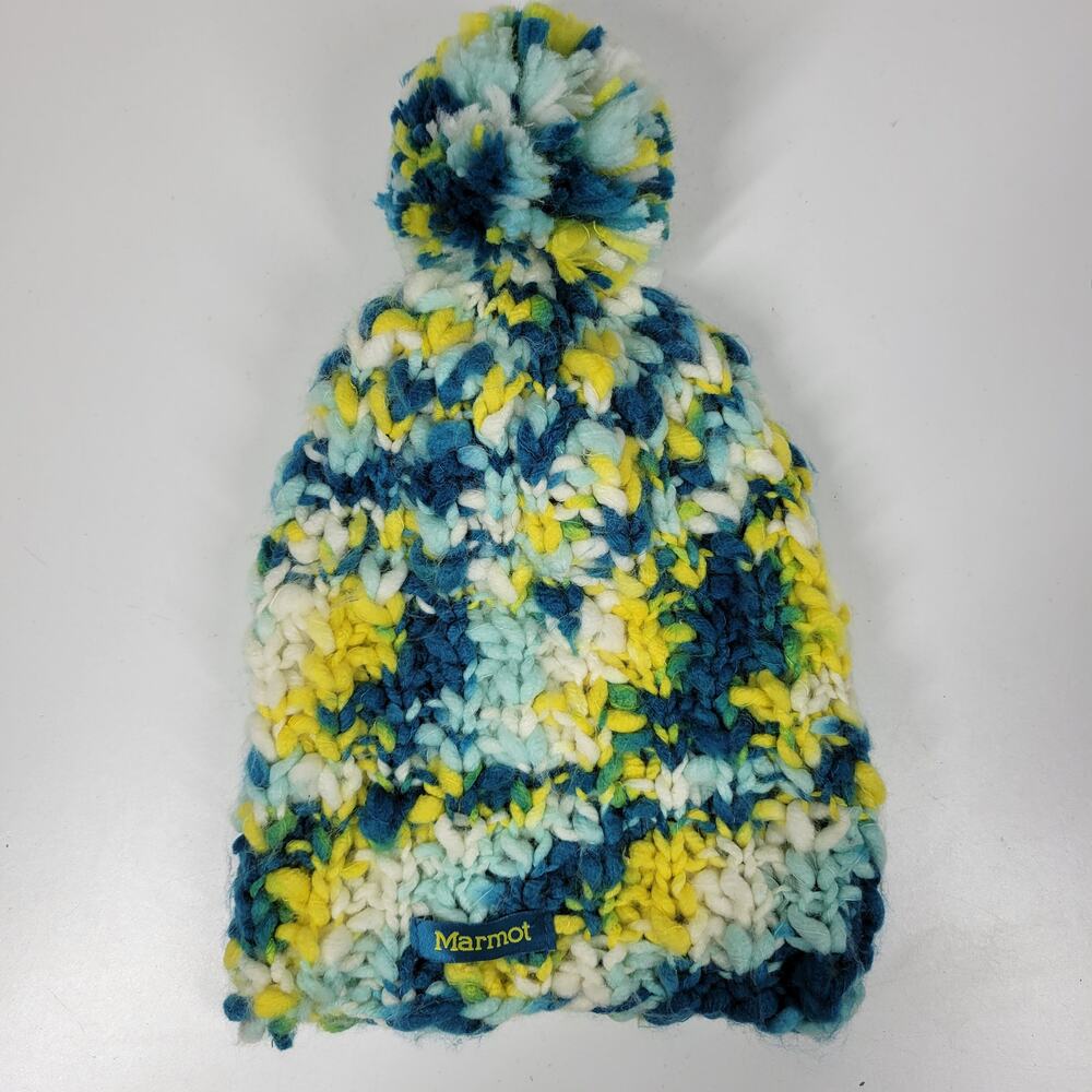 Marmot Frosty Womens Pom Pom Hat OS Green Yellow Loose‎ Knit Winter Cozy Cap